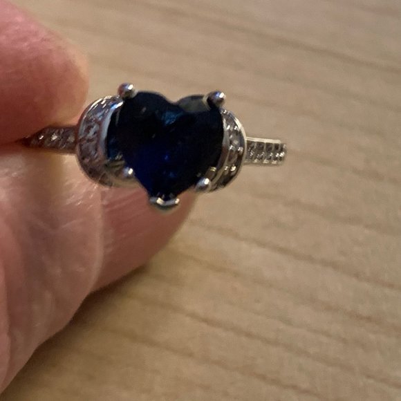 Two Heart Shaped Clear and Blue Stones Silver Tone Bands - Picture 13 of 15